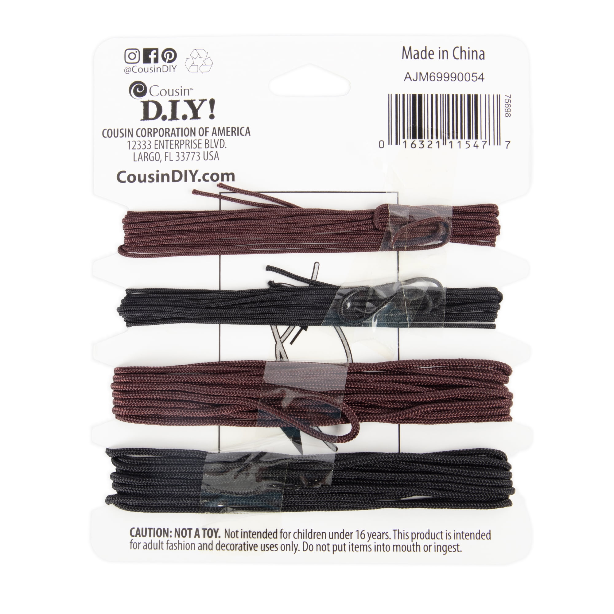 (2 pack) Cousin DIY Black & Brown Nylon Cord, Jewelry Stringing, 4 Piece Roll, 36 ft