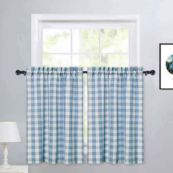 36inch Kitchen Curtains, Length Farmhouse Cotton Blend Kitchen Window Curtain Set of 2, Blue/White