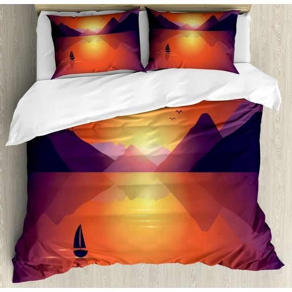 Travel Duvet Cover Set Queen Size, A Lonely Sailboat on Calm Water Oceanic Sunset Landscape Scene, Decorative 3 Piece Bedding Set with 2 Pillow Shams, Salmon Dark Purple and Mustard, by Ambesonne