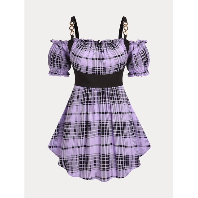 Blusa de Cuedros en Talla Extra con Hombros Al Aire de Cadenas Rosegal Blusas Tallas Grandes