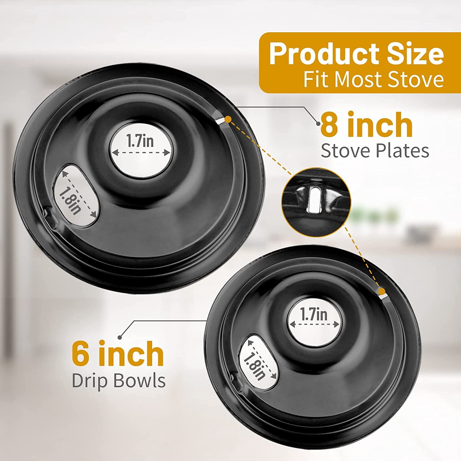 4 Pack Black Cooktop Drip Pans, Compatible with GE Hotpoint Stove. Include 2 Pcs 6'' Range Replacement Drip Pans and 2 Pcs 8 '' Burner Drip Pans for Electric Stove Top
