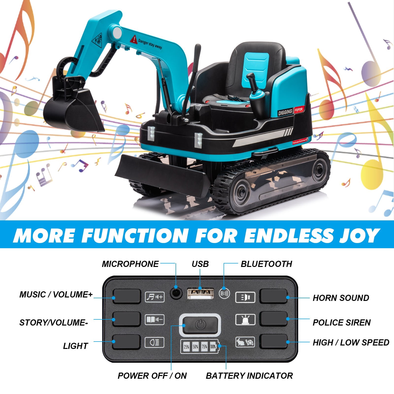 2 IN 1 12V12AH Powered Kids Ride on Excavator Bulldozer 360°Electric Traxcavator 3-Speed w/Music,Toolbox,Remote Control（Blue）