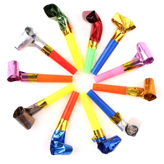 Mini Long-Nose Party Whistles, Metallic Foil Finish, Assorted Colors, 8-Pack