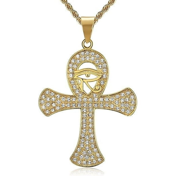 NEGS 18K Gold Plated Eye of Horus Egyptian Coptic Ankh Cross Pendant 24'' Chain Egyptology Amulet Stainless Steel Necklace for Men Women