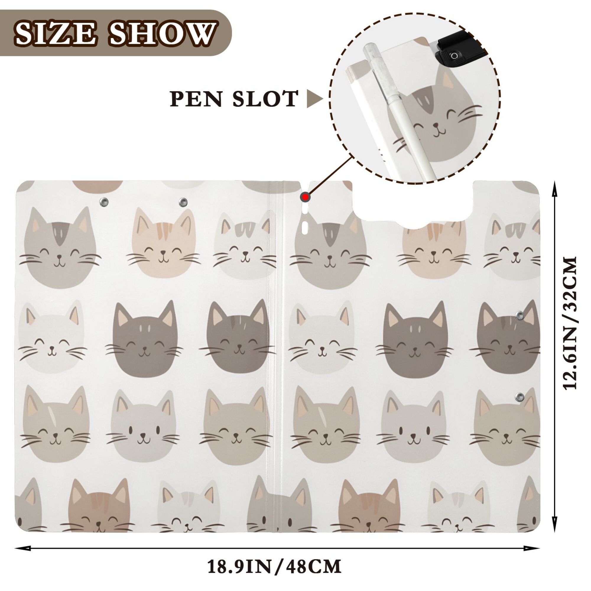 FORMRS A4 Clipboard Folder with Pen Holder Horizontal Foldable School Office Binder, Light Gray Cat Pattern