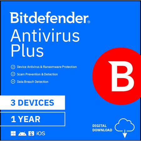Bitdefender Antivirus Plus, 3 Device, 1 Year, compatible with; Windows, Apple iOS, Mac OS, Android, Linux [Digital Download]