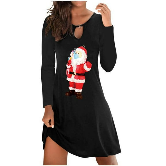 Jacenvly Fall Dresses for Women Long Sleeve Christmas Printed Dresses for Women Party Round Neck Thigh Length Skirts Fashion New Style Women'S Hedging Women'S Dress Black