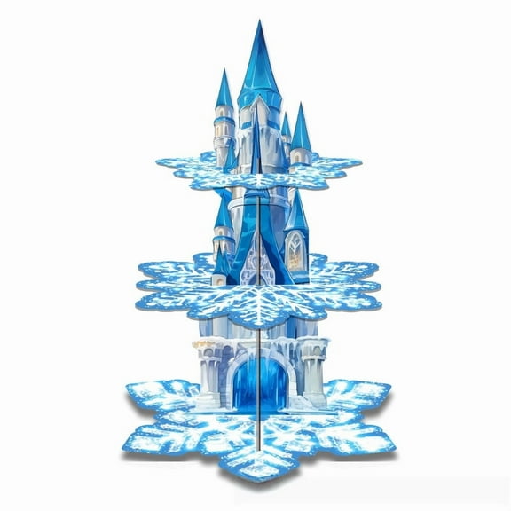 Three-tiered cartoon Blue Snowflake Castle-themed cupcake stand, sturdy and stable, made of cardboard, suitable for decorating cakes and desserts, perfect for birthday party decorations.