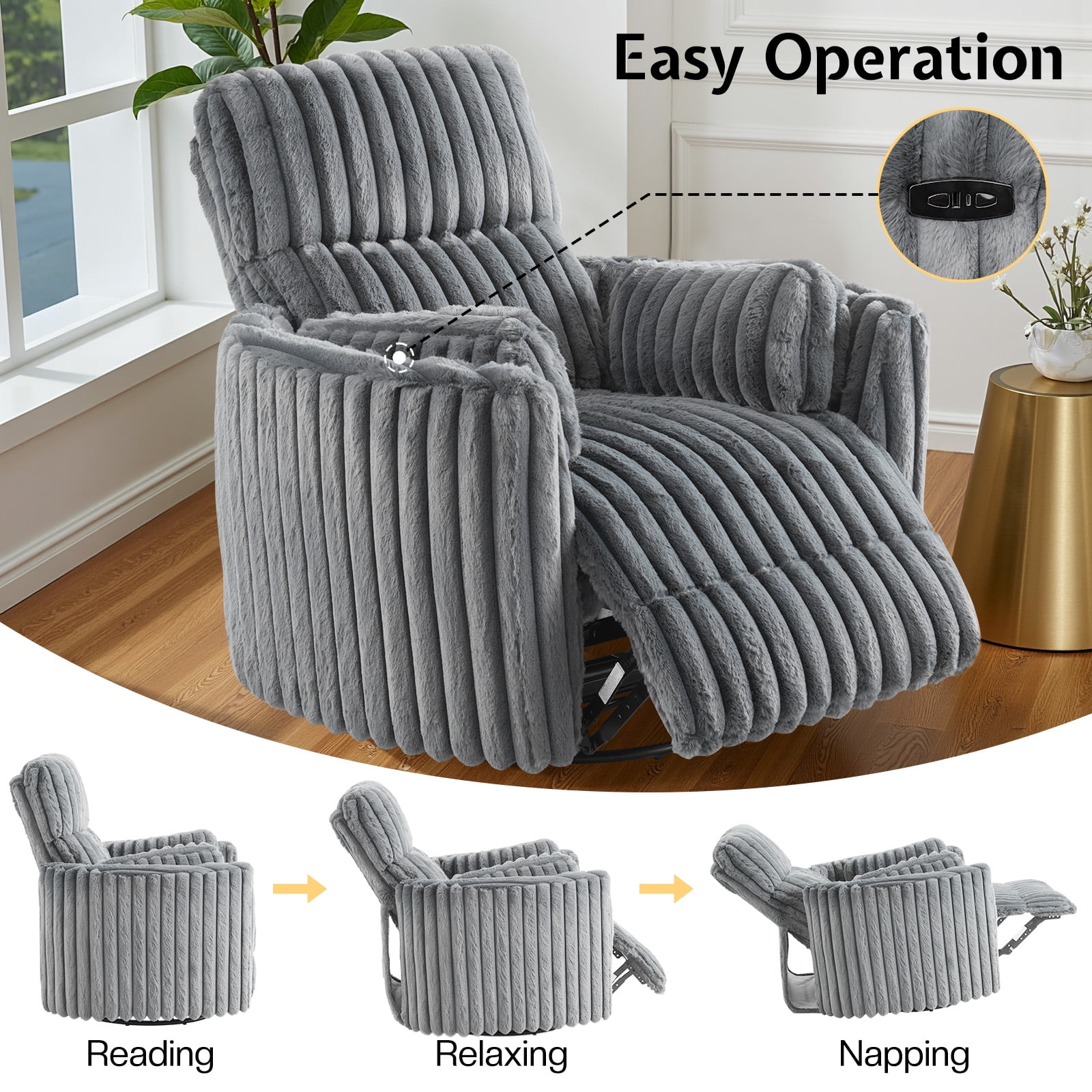 Merluxy Power Swivel Recliner Chair with USB Charging & 2 Pillows, Glider Rocker for Nursery and Living Room, Grey Corduroy