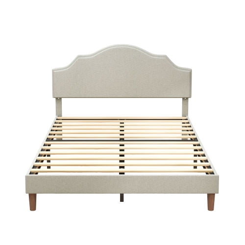 Queen Size Upholstered Platform Bed with Adjustable Headboard, Beige Linen Fabric, Modern Simple Style, No Box Spring Needed, Easy Assembly