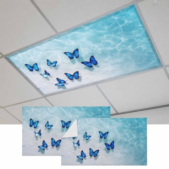 Fluorescent Light Covers for Ceiling Lights Classroom, Coastal Magnetic Ceiling Light Cover Filter for School,Office, 2X4 FT, Pack of 2, Ocean Butterfly Beach Aqua Dark Blue