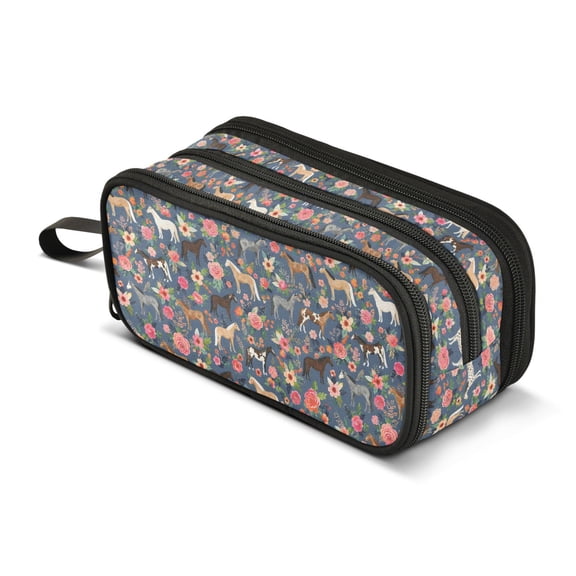 FORMRS Pencil Case with 3 Compartments School Large Capacity Zipper Pen Pouch Stationery Organizer, Blue Floral Horses Pattern