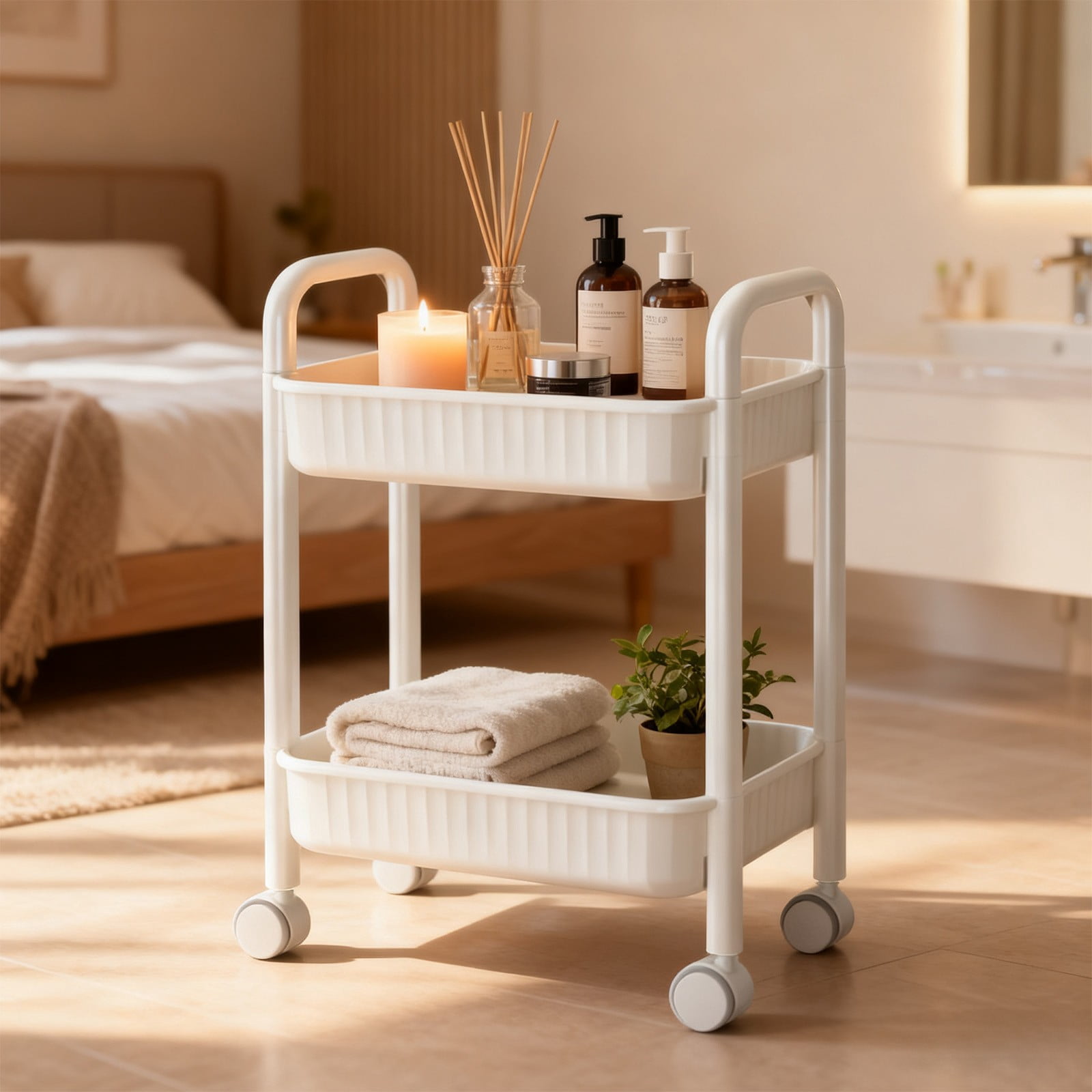 ROLKFUK 2-Tier Rolling Storage Cart White, Lockable Casters Mobile Storage Cart, Tool-Free Assembly Lightweight Plastic Cart for Kitchen Bathroom Dorm Office Pantry