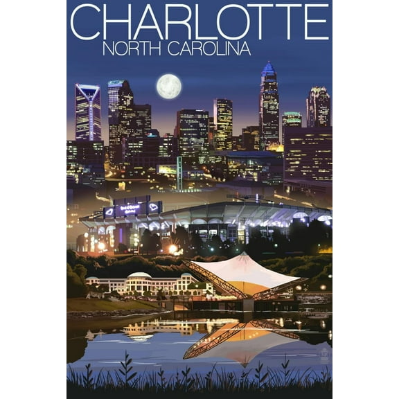 Art.com Charlotte, North Carolina - Skyline at Night Art Print by Lantern Press, 12" x 18"