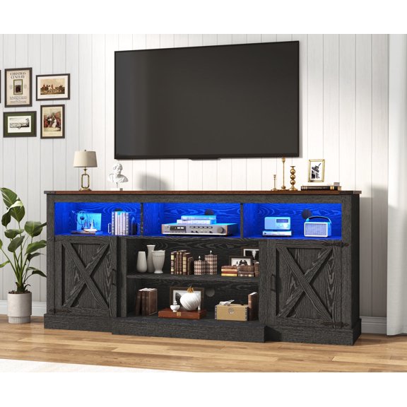 Nordee Farmhouse TV Stand for TVs up to 80” , Rustic 71” Entertainment Center with Storage Cabinets with Adjustable Shelves, Large TV Media Console for Living Room,Black
