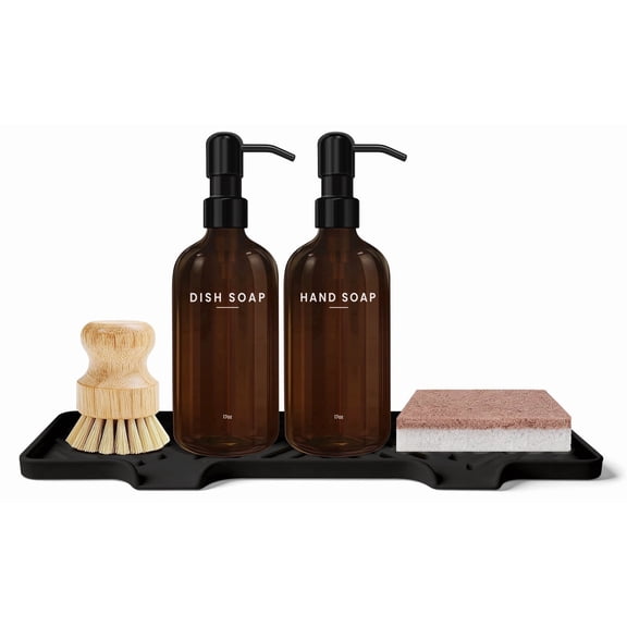 Kitchen Soap Dispenser Set - 17fl oz Glass Bottle, Stainless Steel Pump, Instant Dry Tray and Dish Brush for Bathroom, Office, Hotel, Modern Kitchen Decor & Accessories, Brown