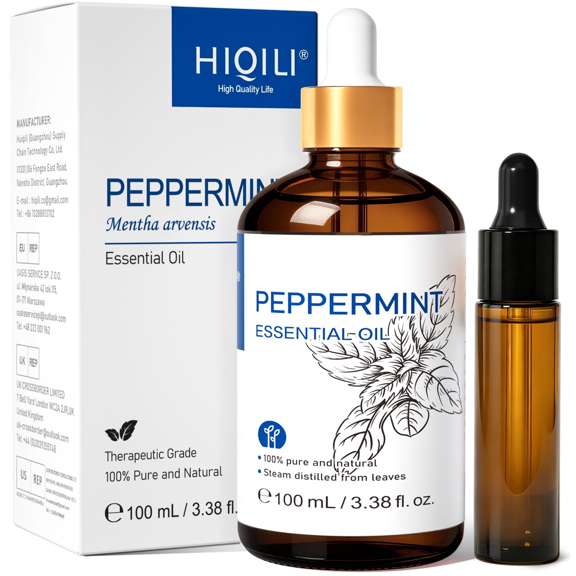 HIQILI Peppermint Essential Oil, 100mL for Diffuser Skin Hair Massage&Muscle Wellness Care