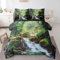 Manfei Green Jungle Tree Twin Bedding Sets 7-Piece for Teens, Nature Stream Stone Bedding Comforter Set, Plant Botanical Reversible Sheet Sets, Breathable Home Decor