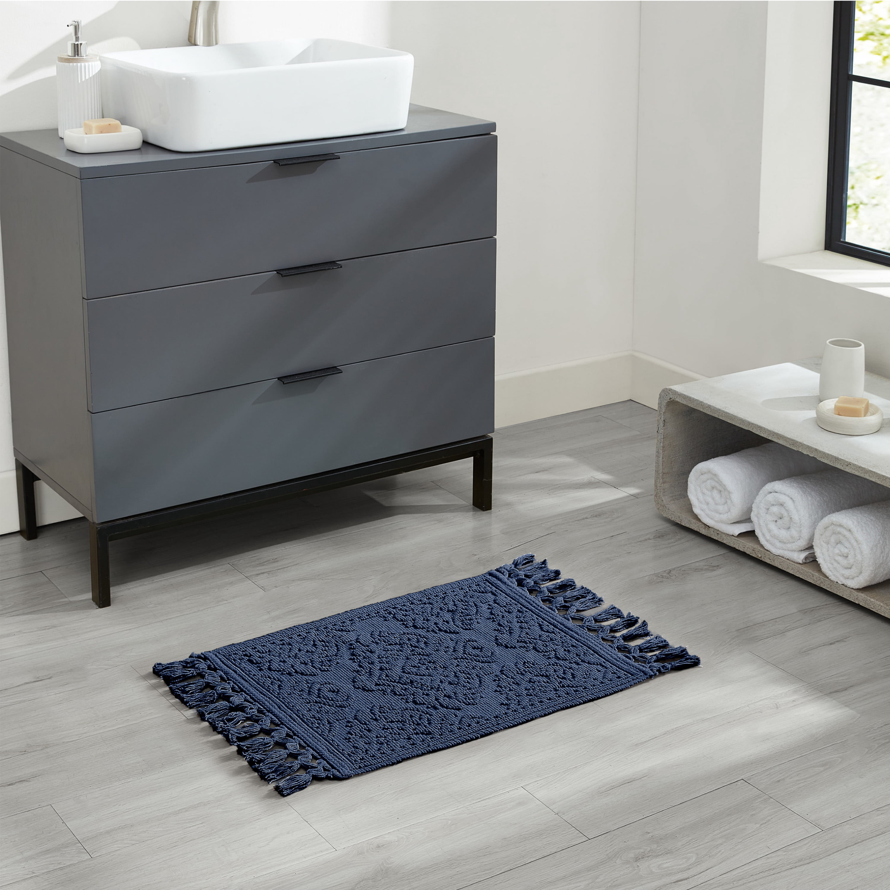 Jean Pierre Ricardo Cotton Fringe 17 x 31 in. Bath Rug, Indigo