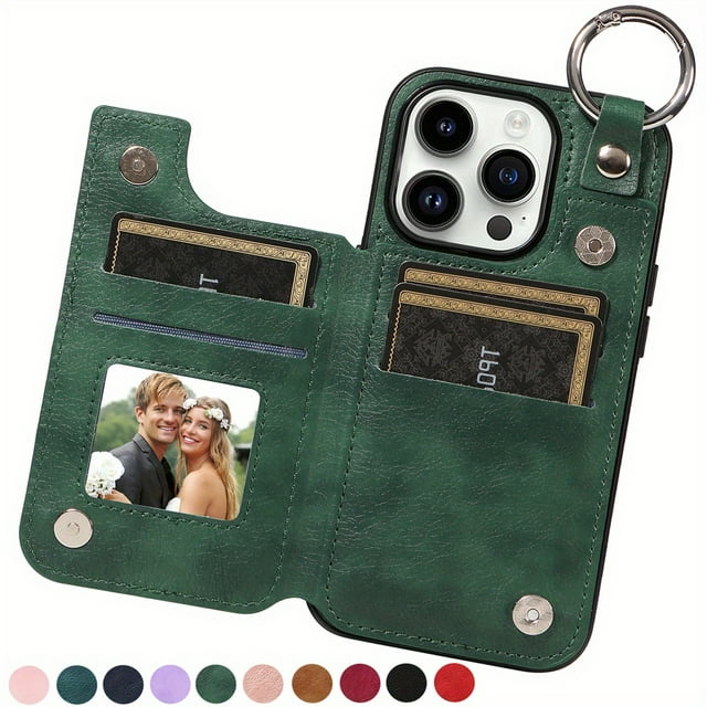 Premium iPhone 15/14/13/12/11 Pro Max Wallet Case - Ring Buckle Design, Multi-Card Slots, Faux Leather, Double Magnetic Closure, Shockproof Kickstand Cover with Anti-Slip Grip