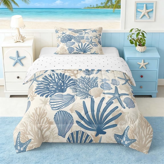 Manfei Vintage Blue White Starfish Twin Comforter Sets for Kids Boys and Girls, Seashell CoralBedding Set, Reversible 2 Pieces, 1 Comforter and 1 Pillowcase