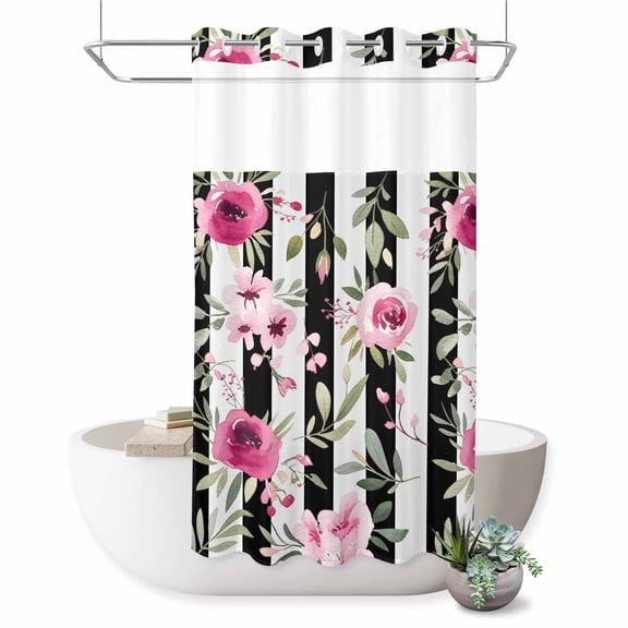 No Hook Shower Curtain, Pink Roses Shower Curtains for Bathroom with See Through Top Window, Romantic Flowers Leaves Floral Black Stripes Waterproof & Washable Bath Curtain Stand Up Stall 36"x72"