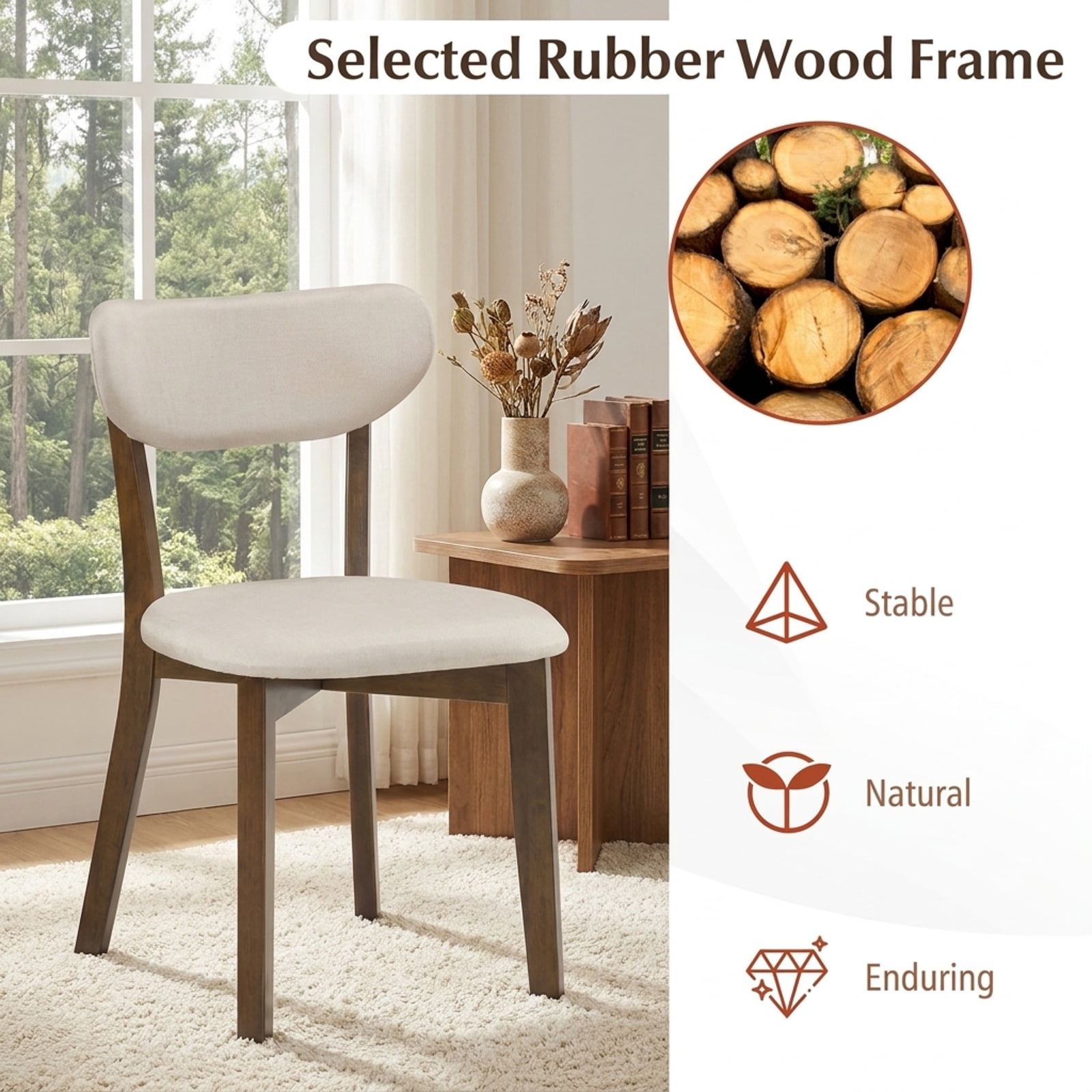 Furnibear Dining Chairs Set of 2 Upholstered Mid-Back Chairs with Solid Rubber Wood Frame for Kitchen Dining Room Living Room Home, White