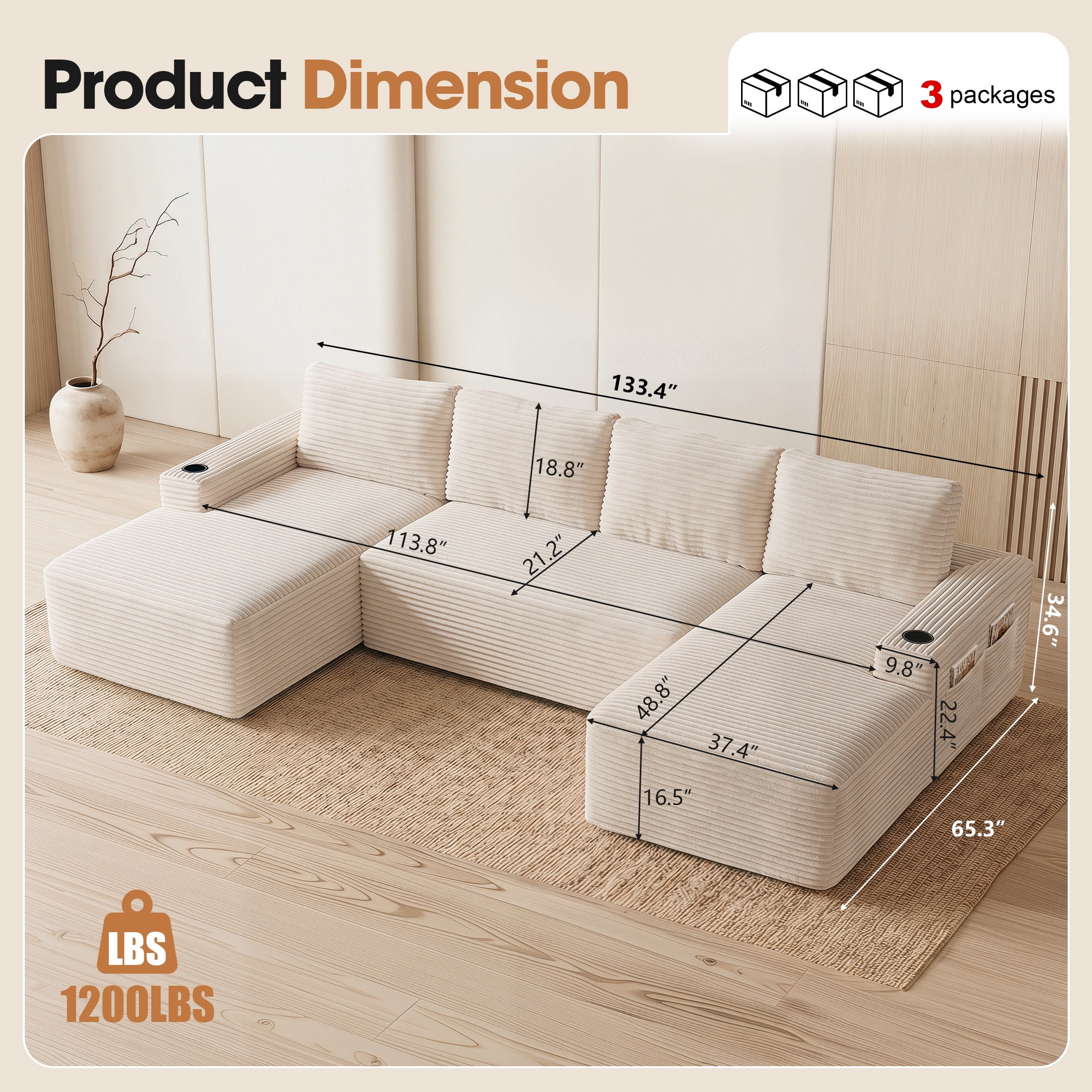 Aenkyo 133 in U-Shaped Cloud Corduroy Sectional Sofa with Cup Holders for Living Room, Cream