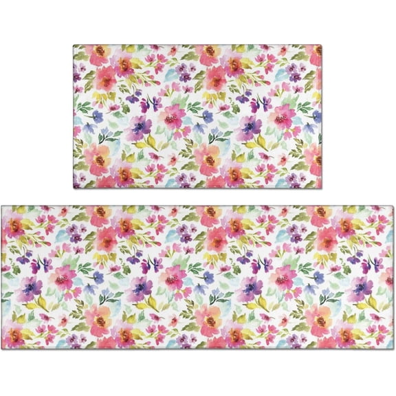 Kitchen Mats for Floor Sets of 2 Piece Farmhouse Kitchen Rugs Non Slip Washable, Watercolor Flowers Absorbent Floor Mat and Runner Rug for Indoor Hallway Decor 17”x 30“ 17'''' X 47''''