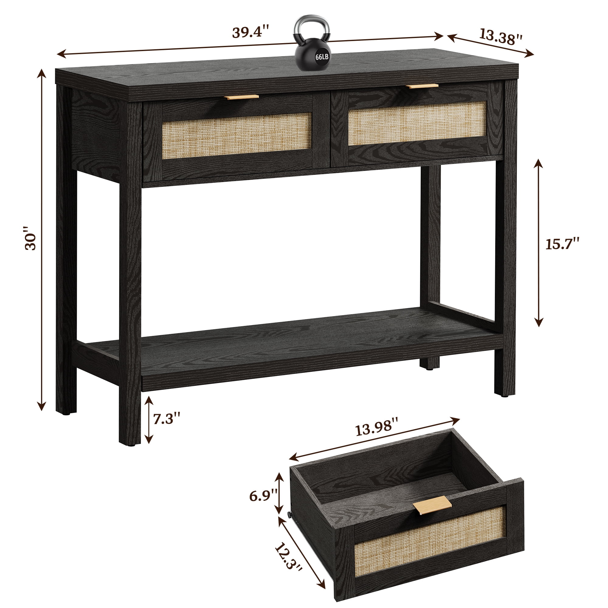 SICOTAS 39.4 Inch Wide Rattan Console Table Set of 2 with 2 Drawers & Shelf, Boho Entryway table with Large Storage Capacity for Entrance Way, Hallway, Living Room - Black Oak