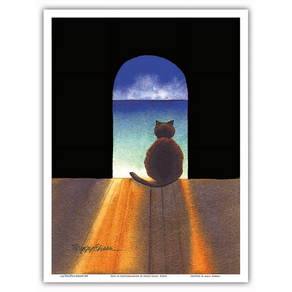 Boo In Contemplation - Hawaiian Black Cat (ʻeleʻele Popoki) Sea (Kai) - From an Original Hawaii Watercolor Painting by Peggy Chun - Master Art Print (Unframed) 9in x 12in