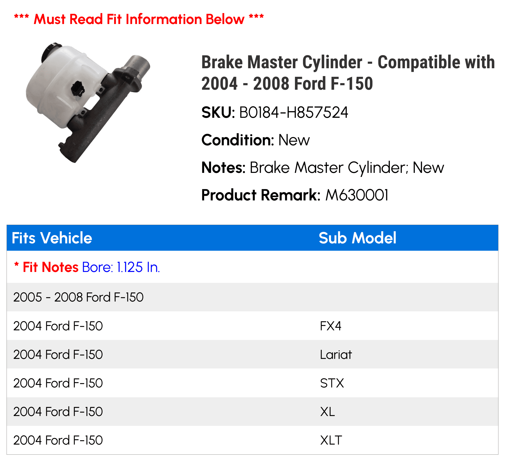 Brake Master Cylinder - Compatible with 2004 - 2008 Ford F-150 - Replacement
