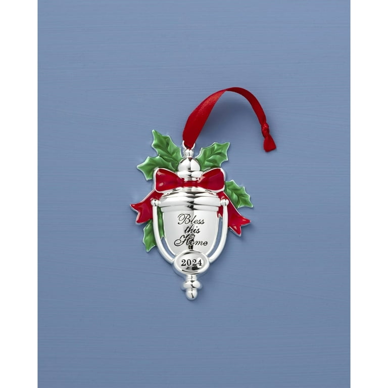 Decorazione Murale Lenox 'Bless This Home' - Natale 2024 - In Argento E Acciaio Con Fiocco Rosso