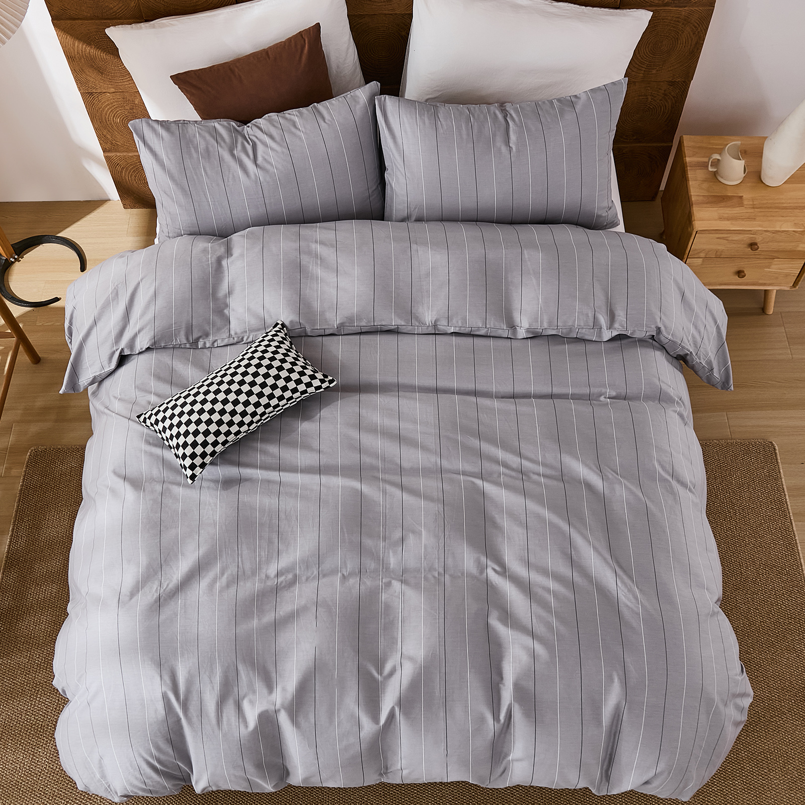 100% Cotton Stripe Duvet Cover Set Queen Size - Gray Striped Duvet Cover Set with Zipper Closure & 8 Corner Ties, Modern Minimalist Wide Stripe Bedding Set for Cozy Elegant Bedroom