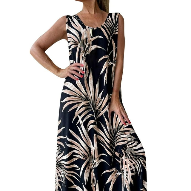 WILLBEST Robes de Club pour Femmes 2024 Robe Longue Sans Manches à Col Rond Imprimé Feuilles