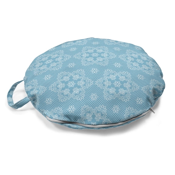 Vintage Round Floor Cushion with Handle, Christmas Holiday Themed Illustration of Snowflakes in Lace Style Pattern, Pillow for Living Room & Dorms, 18" Round, Pale Blue and White, by Ambesonne