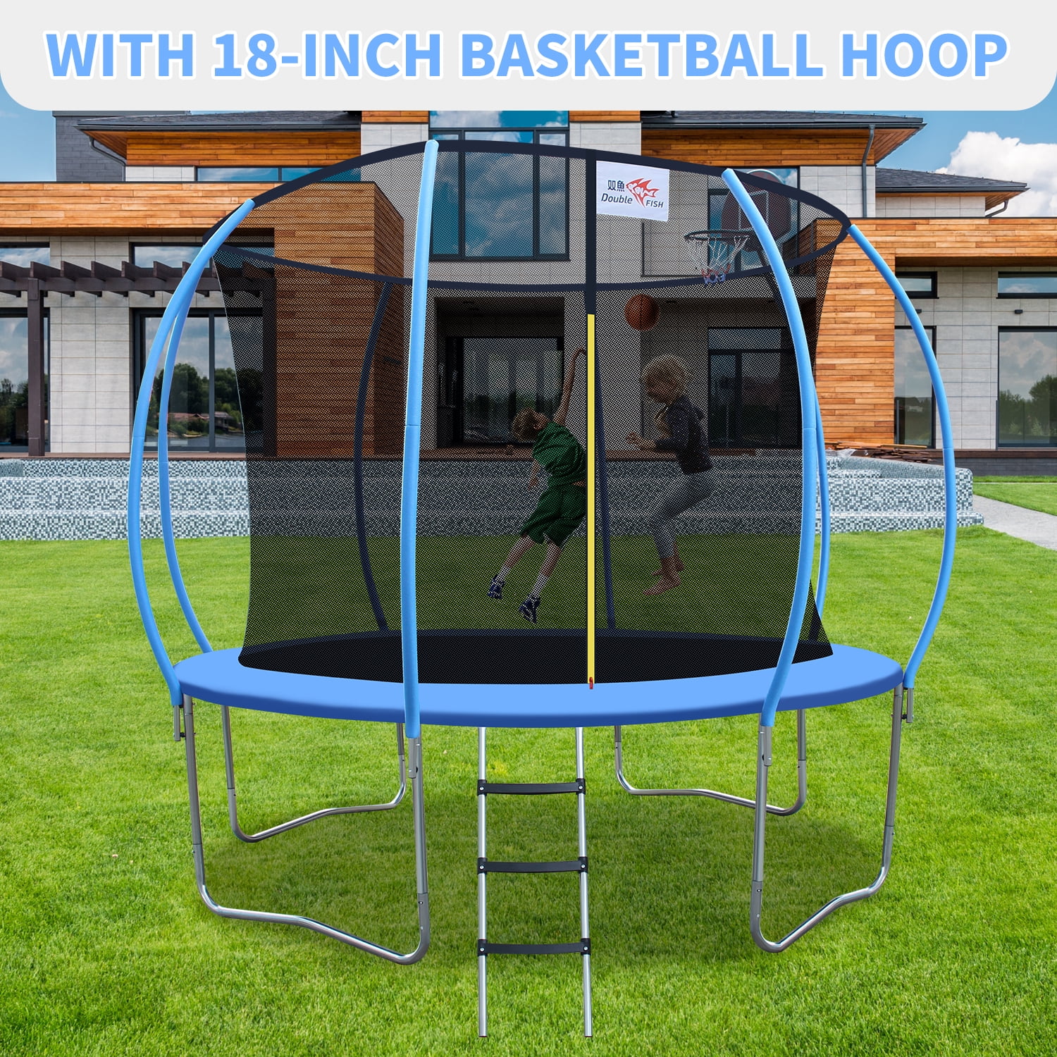Double Fish 10ft Trampoline with Enclosure Safety Net Jumping Fun Trampoline Heavy-duty Jump Pads with Basketball Hoop, Spring-loaded for Kids and Adults