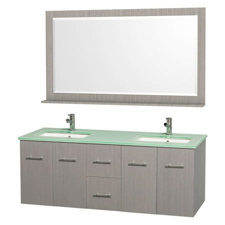 Wyndham Collection Centra 60" Double Bathroom Vanity, Grey Oak, Green Glass Countertop, Square Porcelain Undermount Sinks, and 58" Mirror