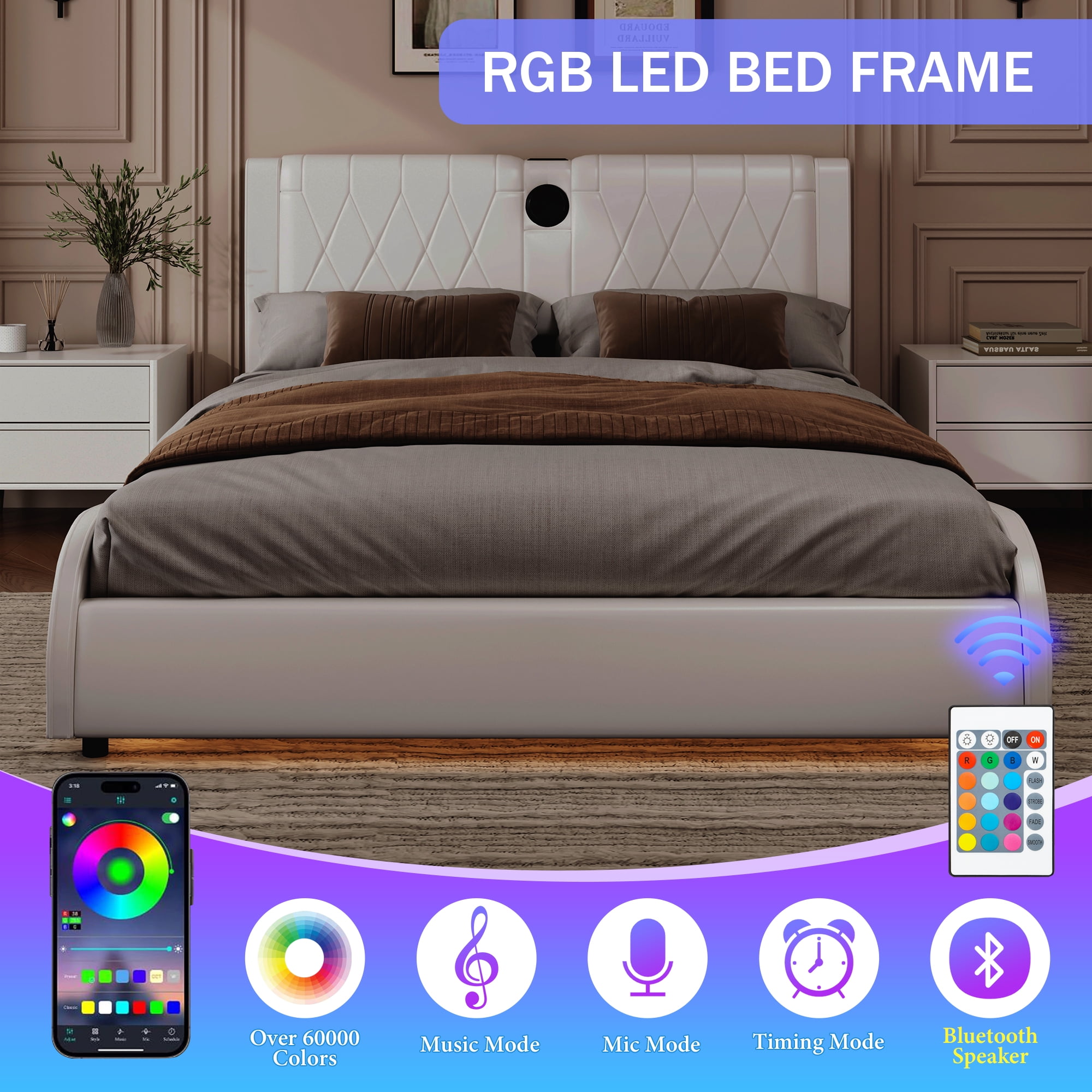 MAYEERTY Queen Faux Leather Platform Bed Thick Headboard Bluetooth RGB for Bedroom White