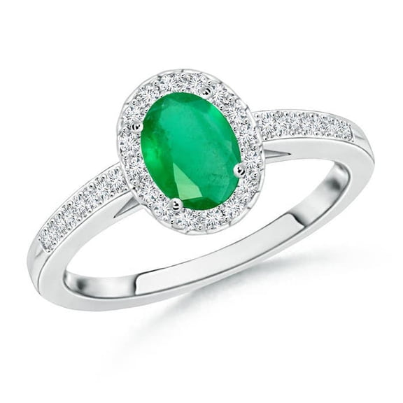 ANGARA Natural Classic Oval Emerald Halo Ring with Diamond Accents in 14K White Gold for Women (Size-7x5mm) | May Birthstone, Birthday, Anniversary, Jewelry Gift for Women | Natural Emerald Ring