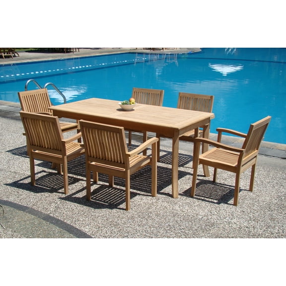 Teak Dining Set:6 Seater 7 Pc -71" Rectangle Table And 6 Stacking Leveb Arm Chairs Outdoor Patio Grade-A Teak Wood WholesaleTeak #WMDSLV9