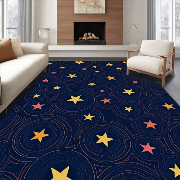 ODIKA 4'x6' Machine Washable Non-Slip Area Rug, Playful Starry Sky Design High Traffic Rug, Navy, 374465