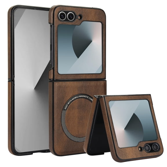 Allytechgroup Magnetic Case for Samsung Galaxy Z Flip 7, Premium PU Leather Back Cover Compatible with Magsafe Anti-Scratch Shockproof Case for Women Men, Brown