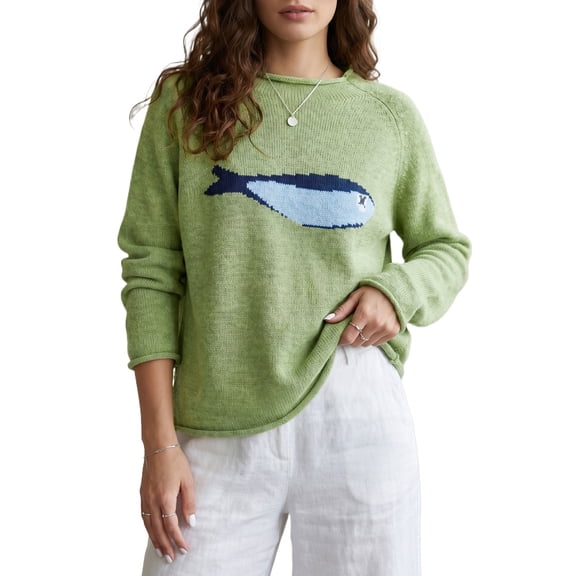 TinyCribz Women's Fish Knit Sweater, Meadow Mist Green Casual Pullover XL