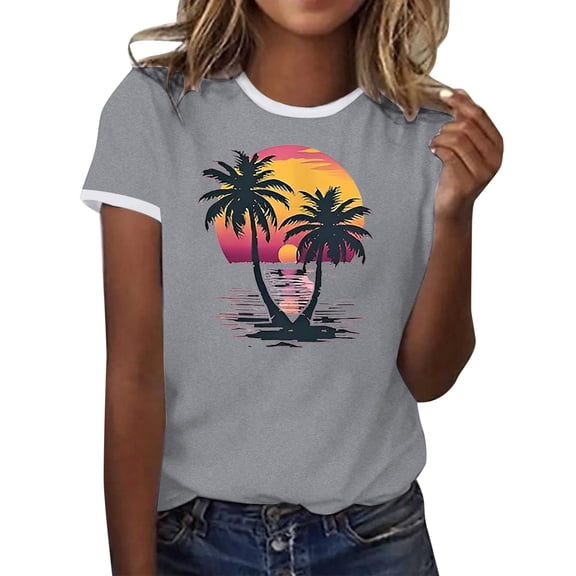 Womens Tops Casual T Shirts Color Block Graphic Short Sleeve Beach Summer Fashion Clothing
