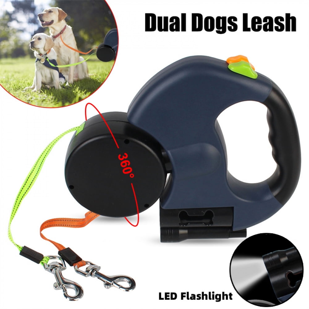 Dual Dog Retractable Leash, 360° Rotating, with Flashlight & Poop Bag Holder, Separate Controls for 2 Dogs（Red 3M）