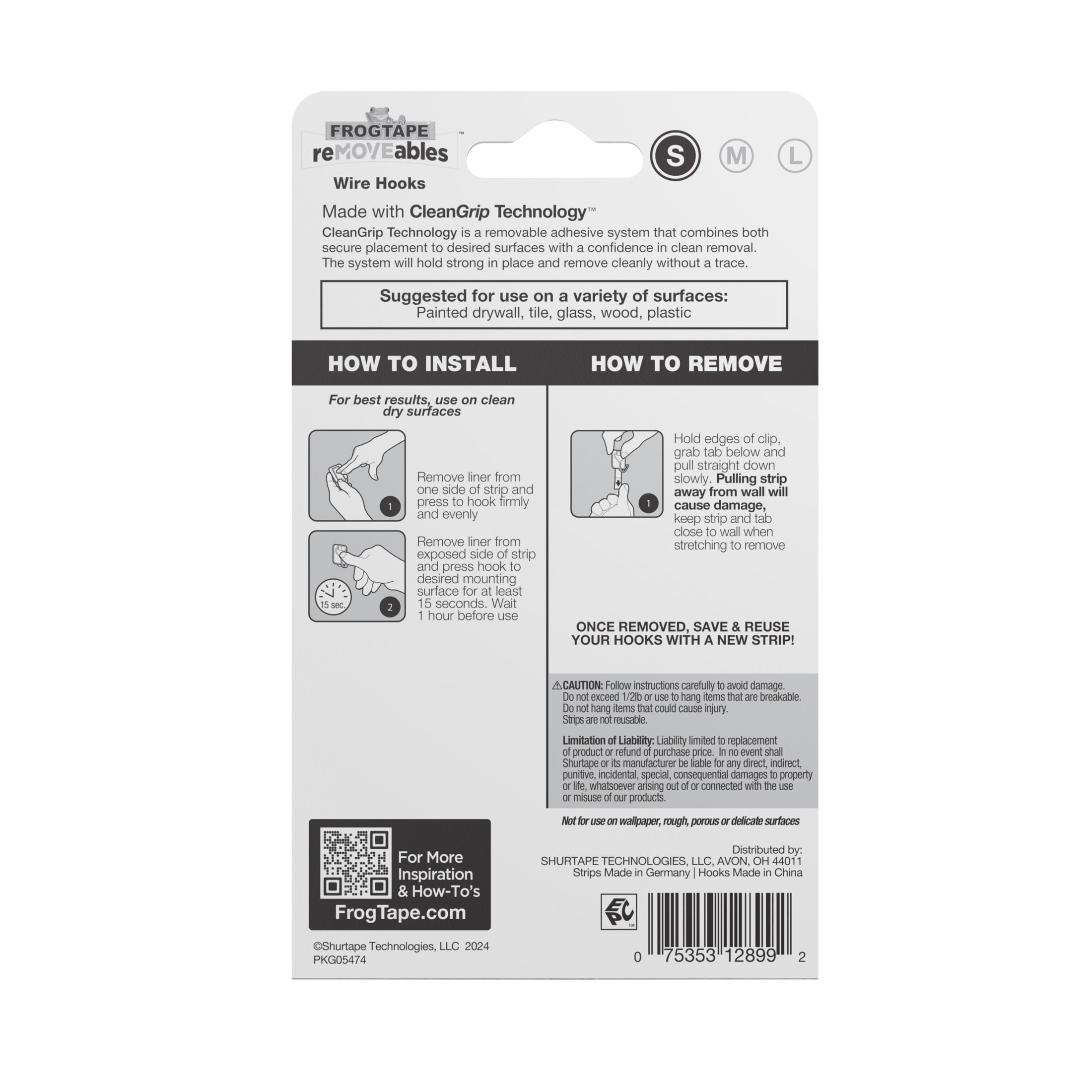 FrogTape reMOVEables Small White Wire Hooks, 3 Hooks and 4 Adhesive Strips