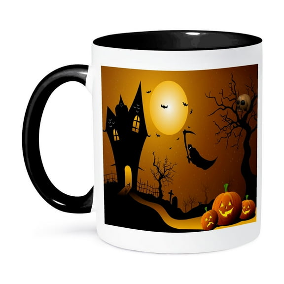 3dRose, Halloween House With Pumpkins, Skulls, and Bats and The Grim Reaper, 11oz Two-Tone Black Mug