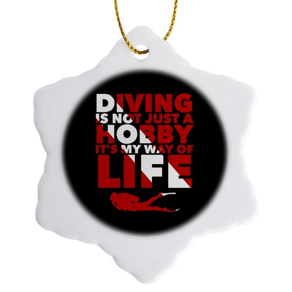 3drose, Word Art for Scuba Divers in Red White Dive Flag Colors, 3 inch Snowflake Porcelain Ornament