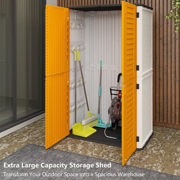 Decksplore Outdoor Double Deck Storage Shed,Waterproof, Resin Vertical Outdoor Storage Cabinet for Patio Furniture, Garden Tools, Pool Accessories, Mower Storage (66 Cu.ft,Orange)